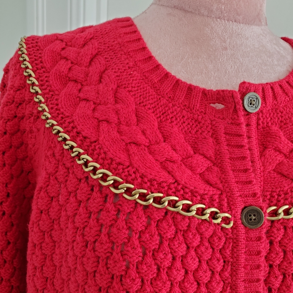 Vintage Y2K Cable Pearl Knit Chain Liz Claiborne Cotton Blend Cardigan‎ Size L
